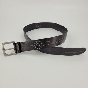 Lauren Ralph Lauren Black Leather Belt Embroidered Brass Buckle Nickel Size L/XL